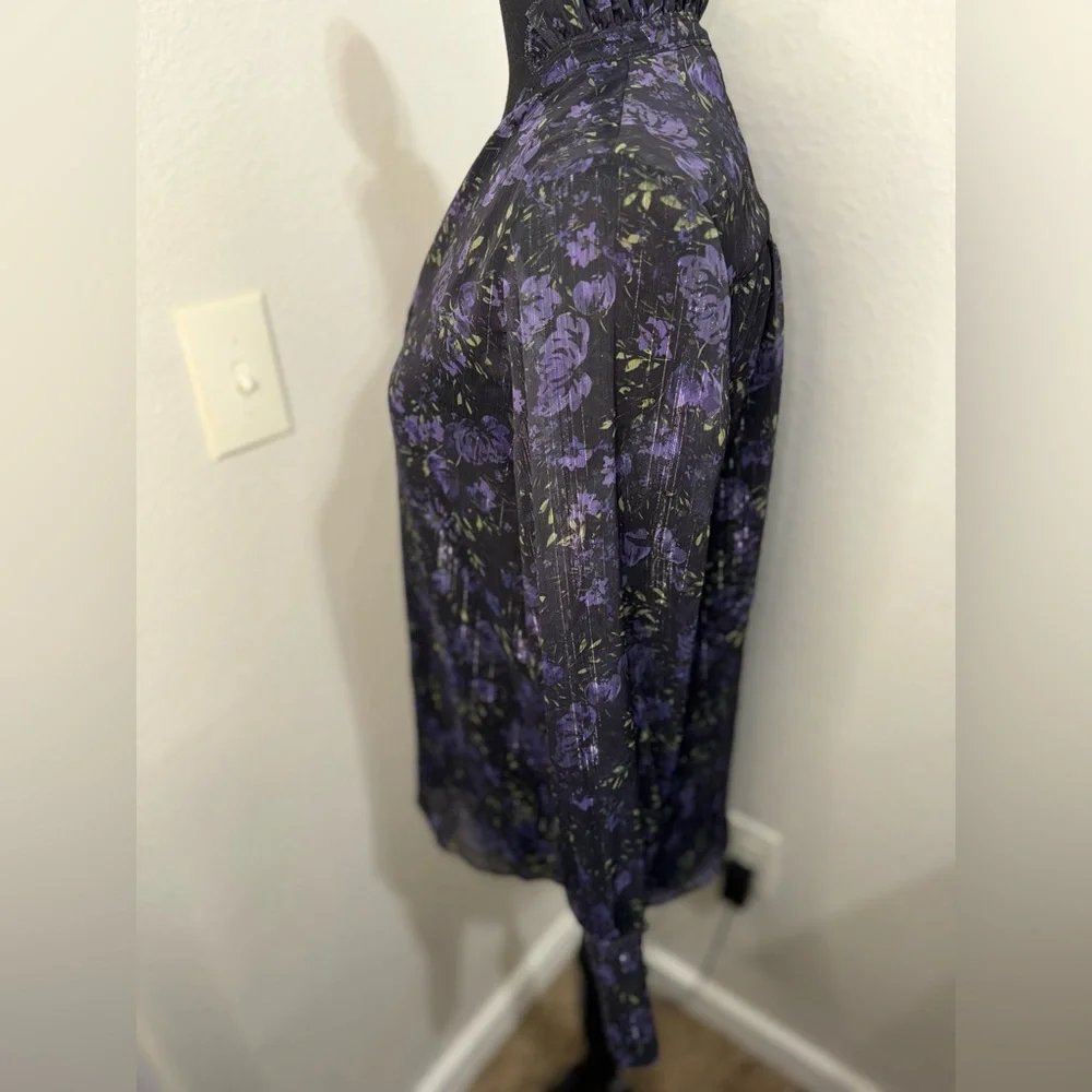 Elie Tahari‎ Whimsical Black and Purple Floral Blouse- Size XS